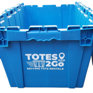 Plastic tote moving boxes provided by Totes 2 Go in Windsor, Ontario. Make moving easier with stackable boxes that we deliver to your front door.